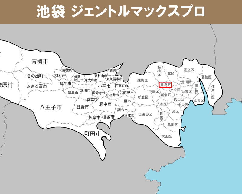 東京都の白地図 　豊島区（池袋）に赤枠