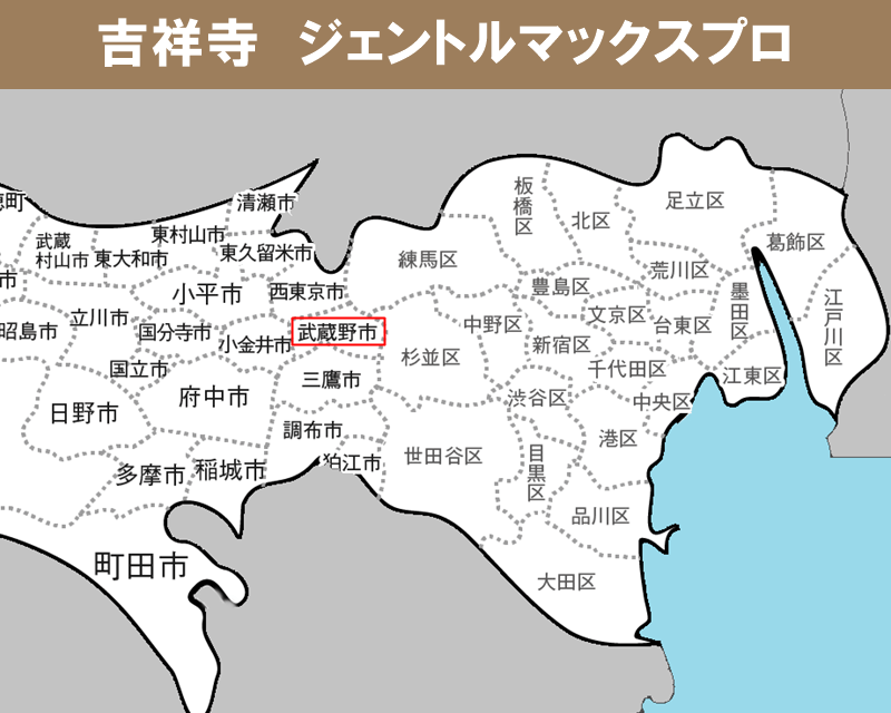 東京都の白地図　武蔵野市に赤枠