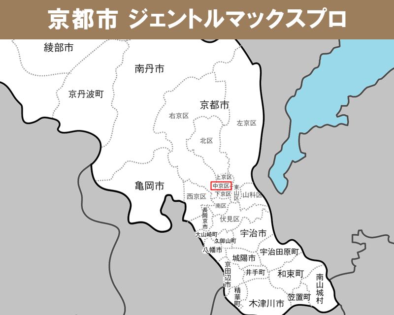 京都府の白地図 　京都市中京区に赤枠