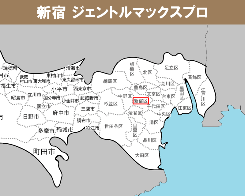 ジェントルマックスプロ 新宿　東京都の地名入りの白地図　新宿に赤枠　ジェントルマックスプロの写真