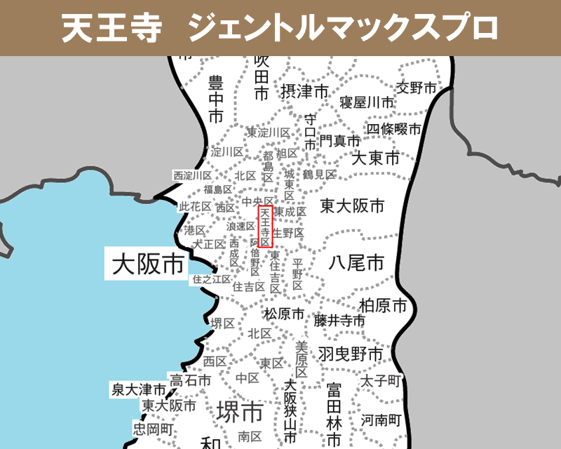 大阪府の白地図　天王寺に赤枠