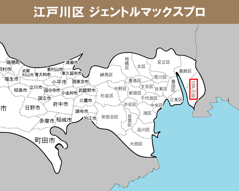東京都の白地図　江戸川区に赤枠